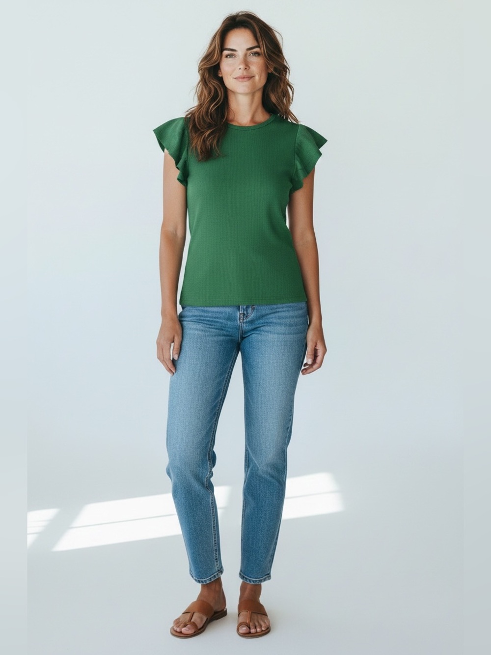 T.La Green Ribbed Flutter Sleeve Top Ruffle Tiered Jersey Knit Medium